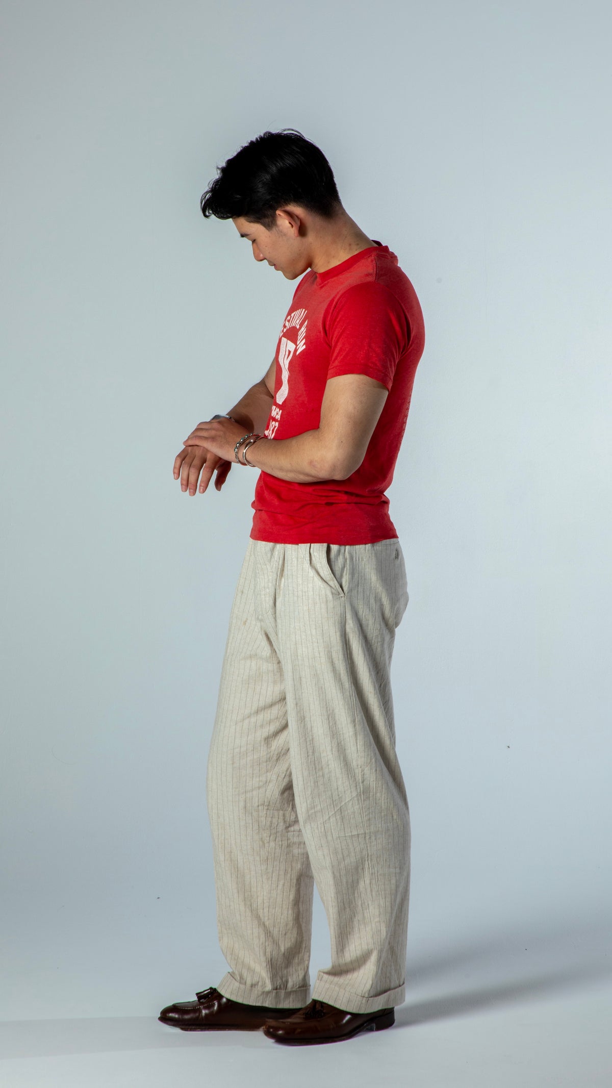 Linen Rayon-Striped Slacks/Ivory