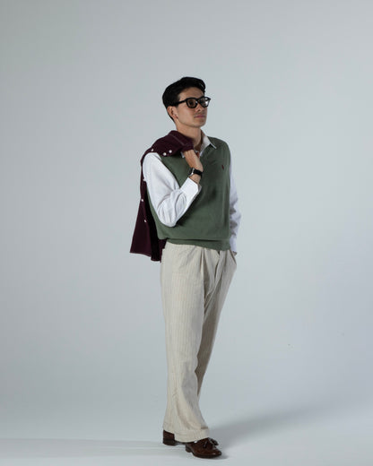 Linen Rayon-Striped Slacks/Ivory