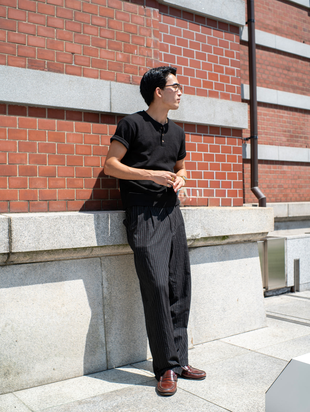 Linen Rayon-Striped Slacks/black