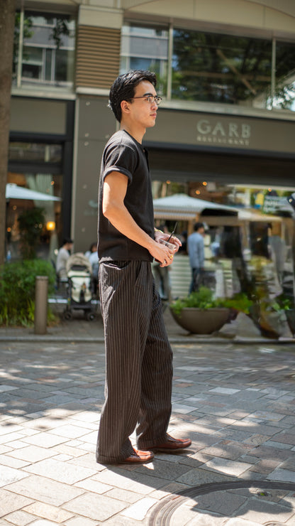 Linen Rayon-Striped Slacks/black