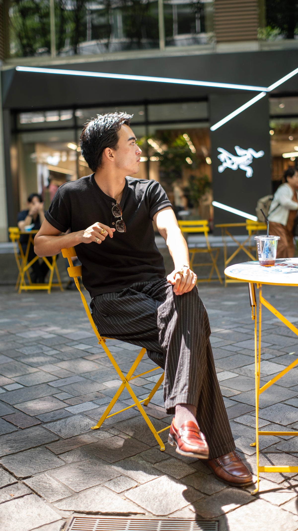 Linen Rayon-Striped Slacks/black