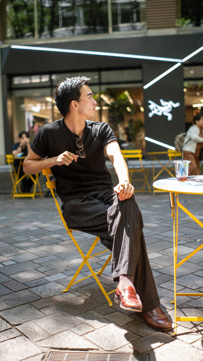 Linen Rayon-Striped Slacks/black